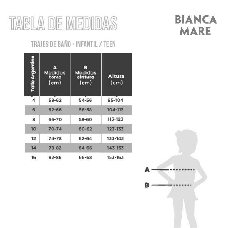 Bikini infantil Sirena PV Tabla de medidas